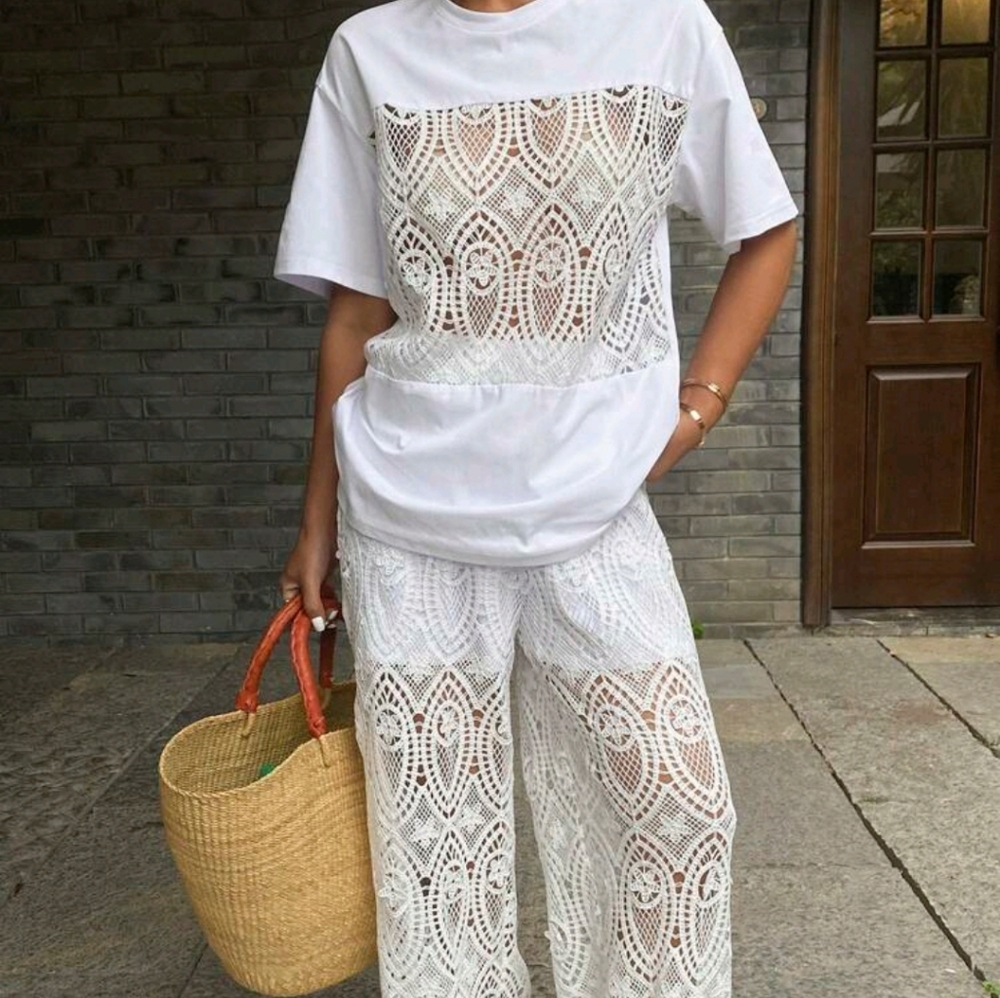 Summer Lace Patchwork Loose Casual Round Neck Short Sleeve Top And Pants Set